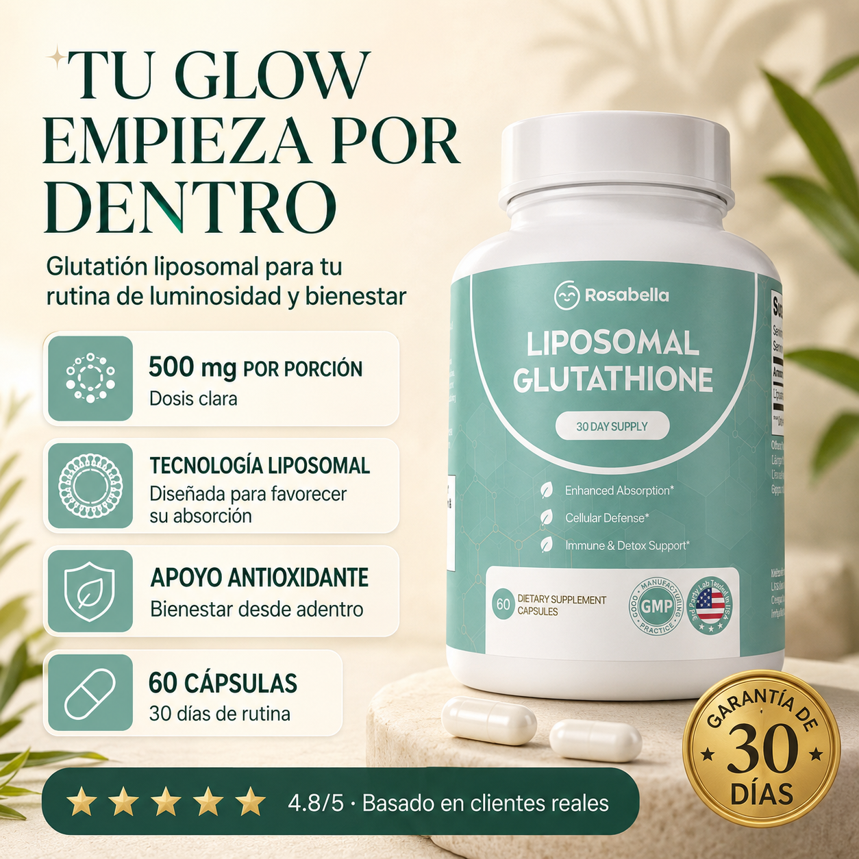 Rosabella™ Glutatión Liposomal 500 mg | Glow y Bienestar