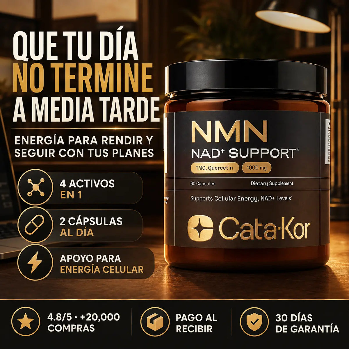 NMN Energía Sin Bajón™ Fórmula 4-en-1 para seguir rindiendo hasta el final del día.