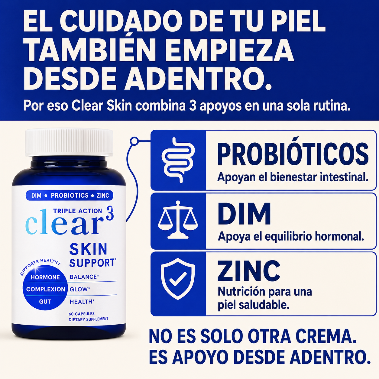 Clear³™ — Cápsulas para Tratar el Acné Hormonal Desde la Raíz, No Desde la Crema
